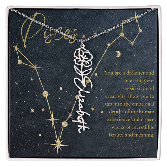 Pisces Zodiac Birth Flower Name Necklace