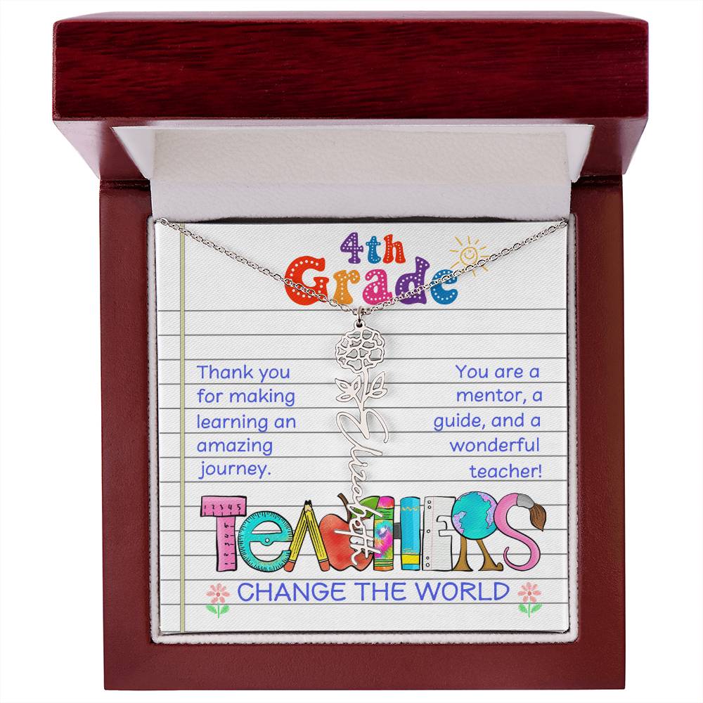 4th Grade Teacher Birth Flower Name Necklace Gift