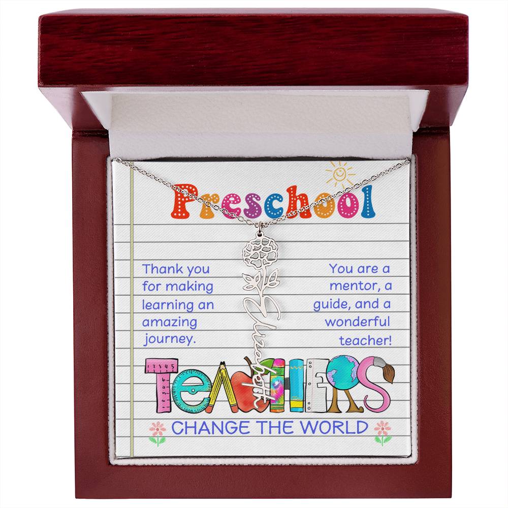 Preschool Teacher Birth Flower Name Necklace Gift