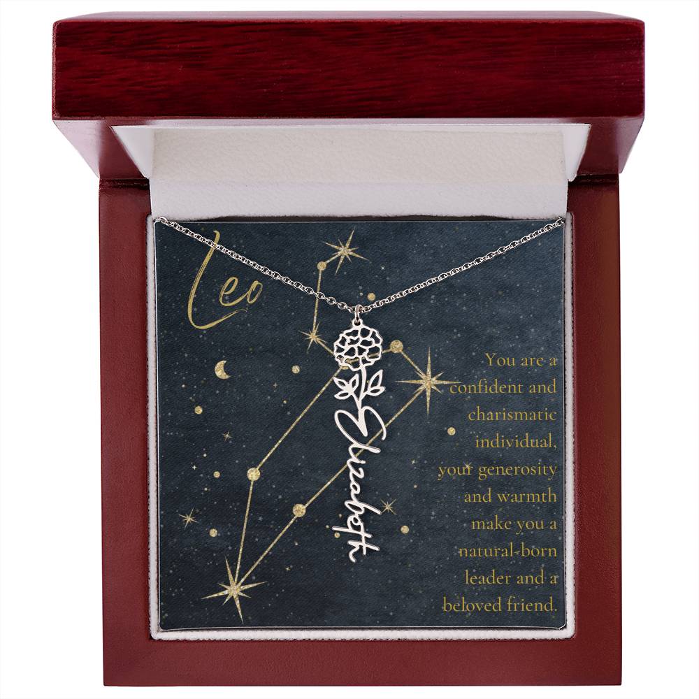 Leo Zodiac Birth Flower Name Necklace