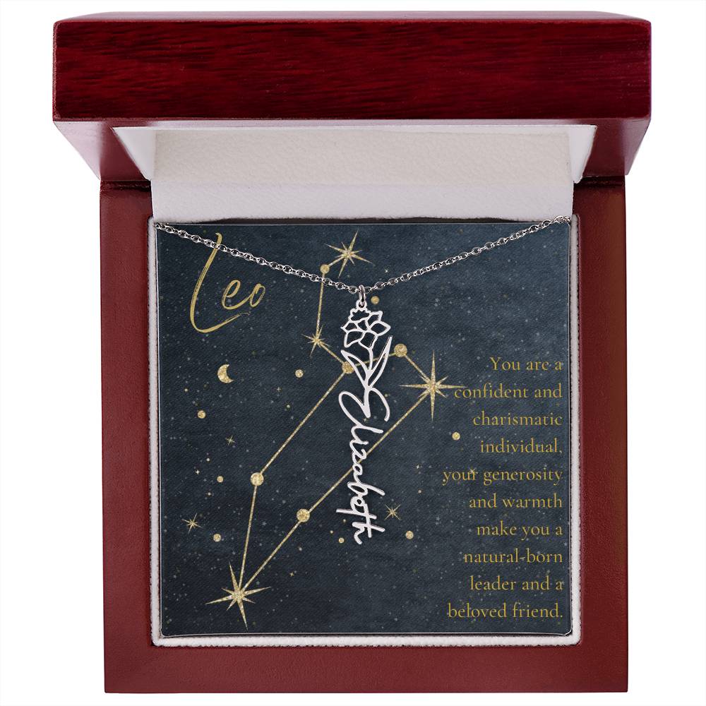 Leo Zodiac Birth Flower Name Necklace