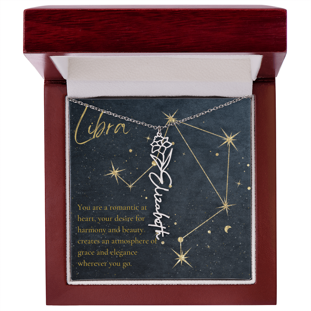 Libra Zodiac Birth Flower Name Necklace