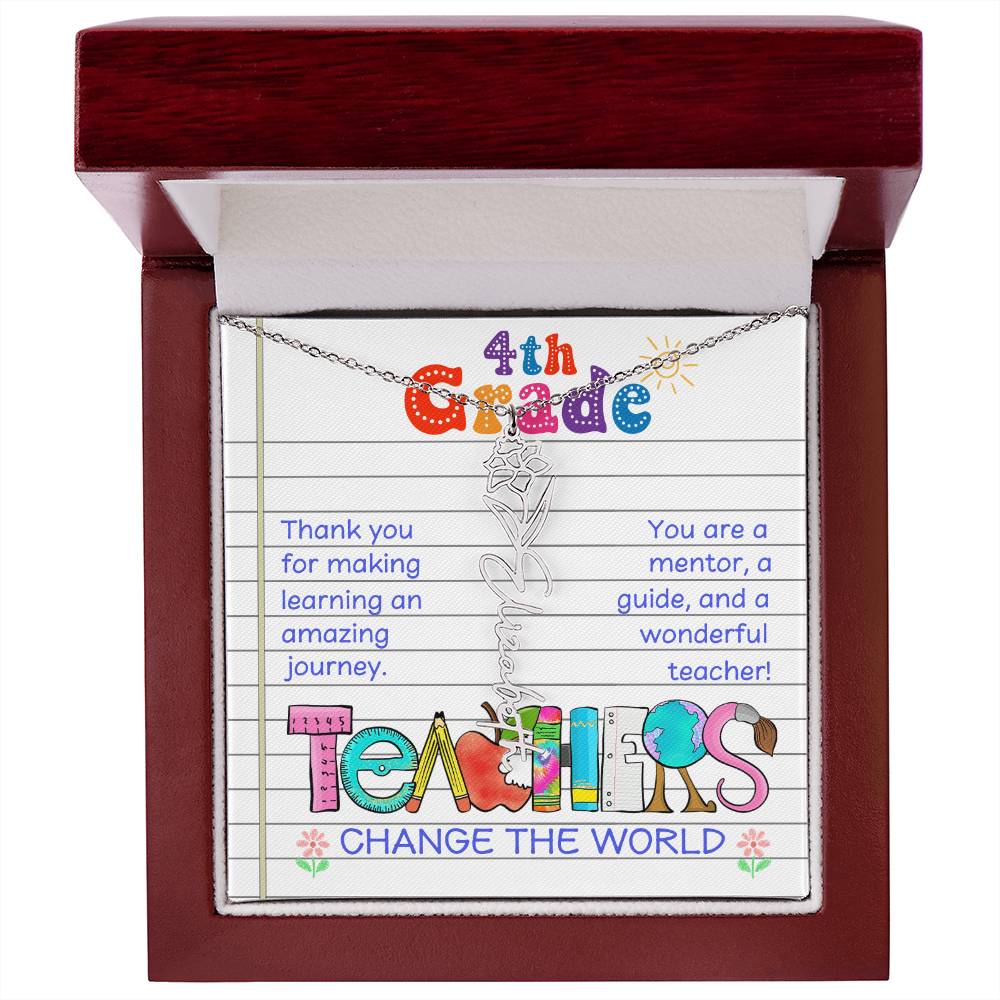 4th Grade Teacher Birth Flower Name Necklace Gift