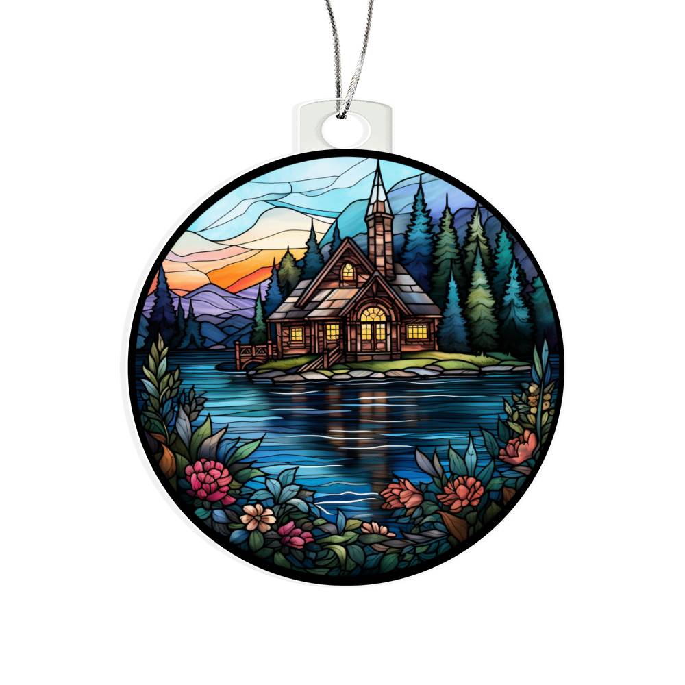 Stained Glass Lake House Christmas Ornament - Handcrafted Holiday Decor for Your Home-[Heartfelt Family Gift]