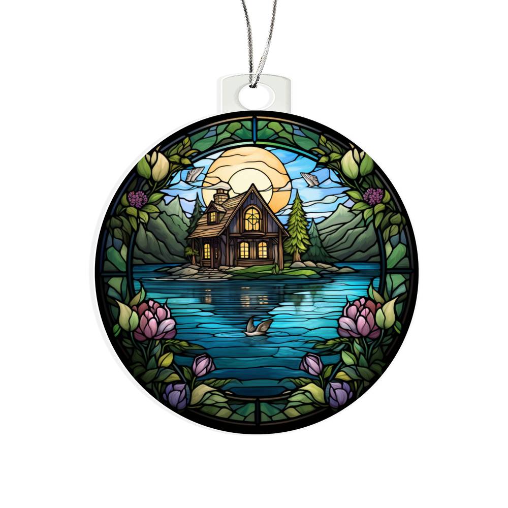 Stained Glass Lake House Christmas Ornament - Unique Holiday Decoration-[Heartfelt Family Gift]