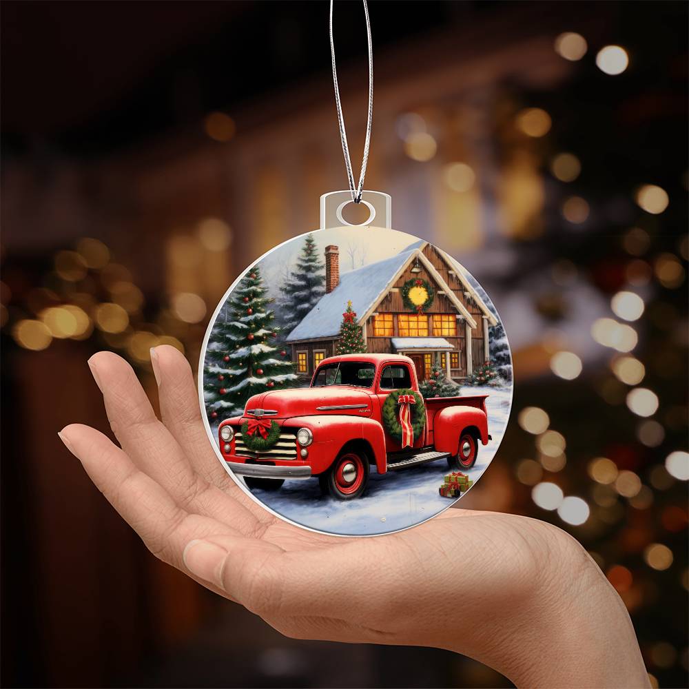 Red Pickup Truck Acrylic Christmas Ornament-[Heartfelt Family Gift]