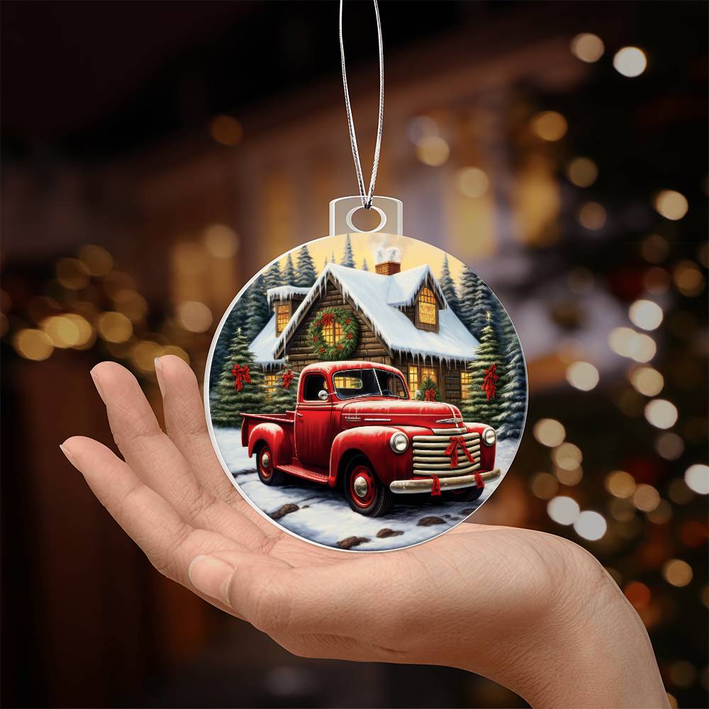 Red Pickup Truck Acrylic Christmas Ornament-[Heartfelt Family Gift]