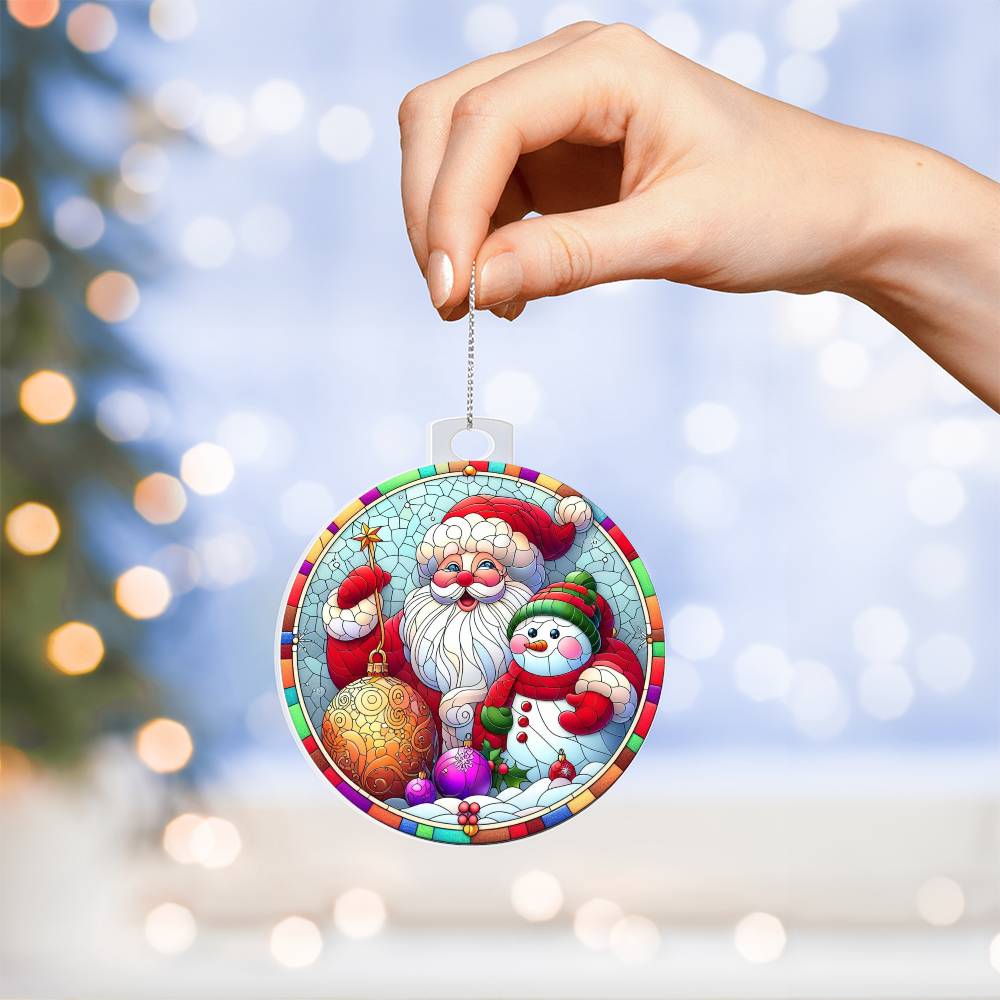 Stained Glass-Style Acrylic Christmas Ornament Santa and Snowman for Festive Decor-[Heartfelt Family Gift]