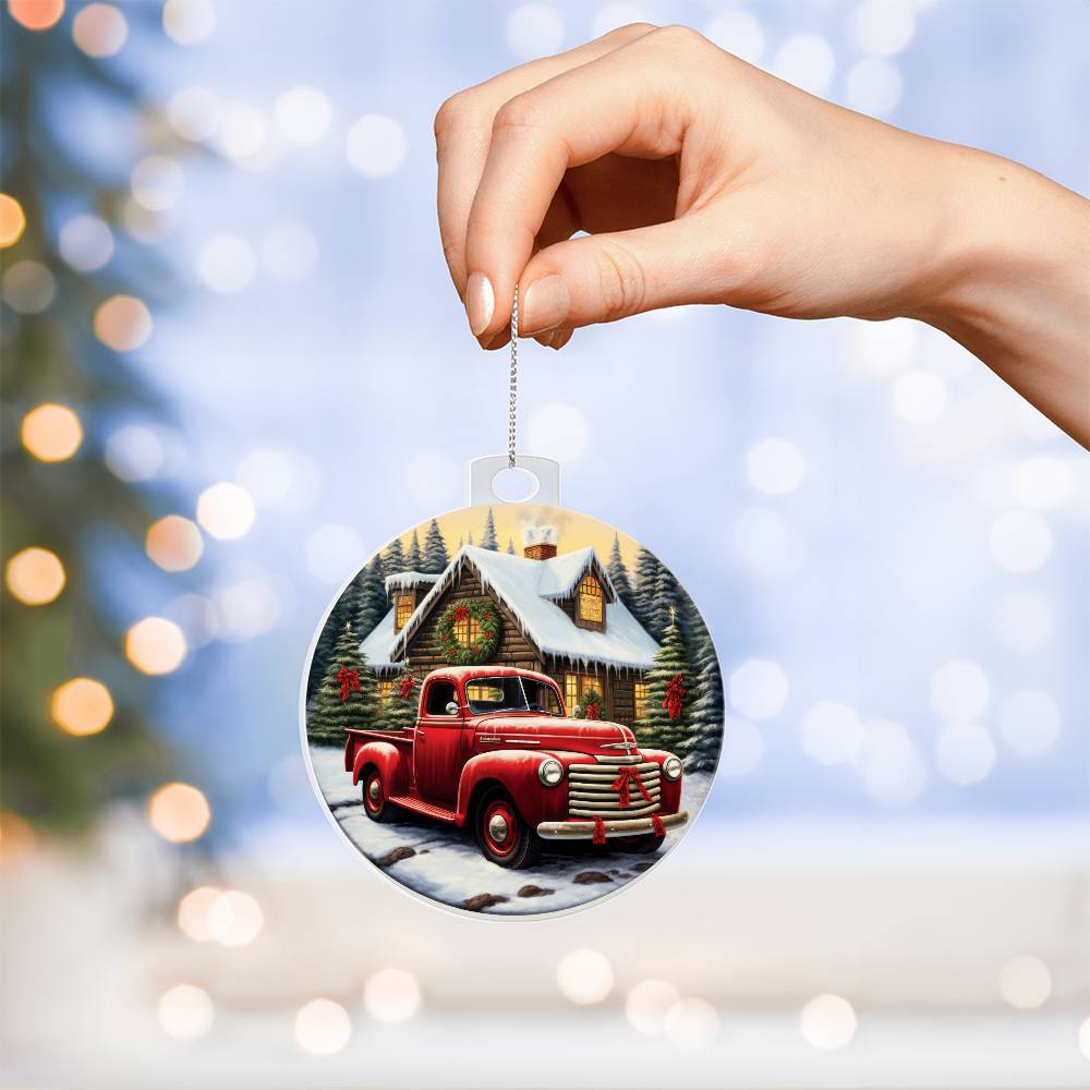 Red Pickup Truck Acrylic Christmas Ornament-[Heartfelt Family Gift]