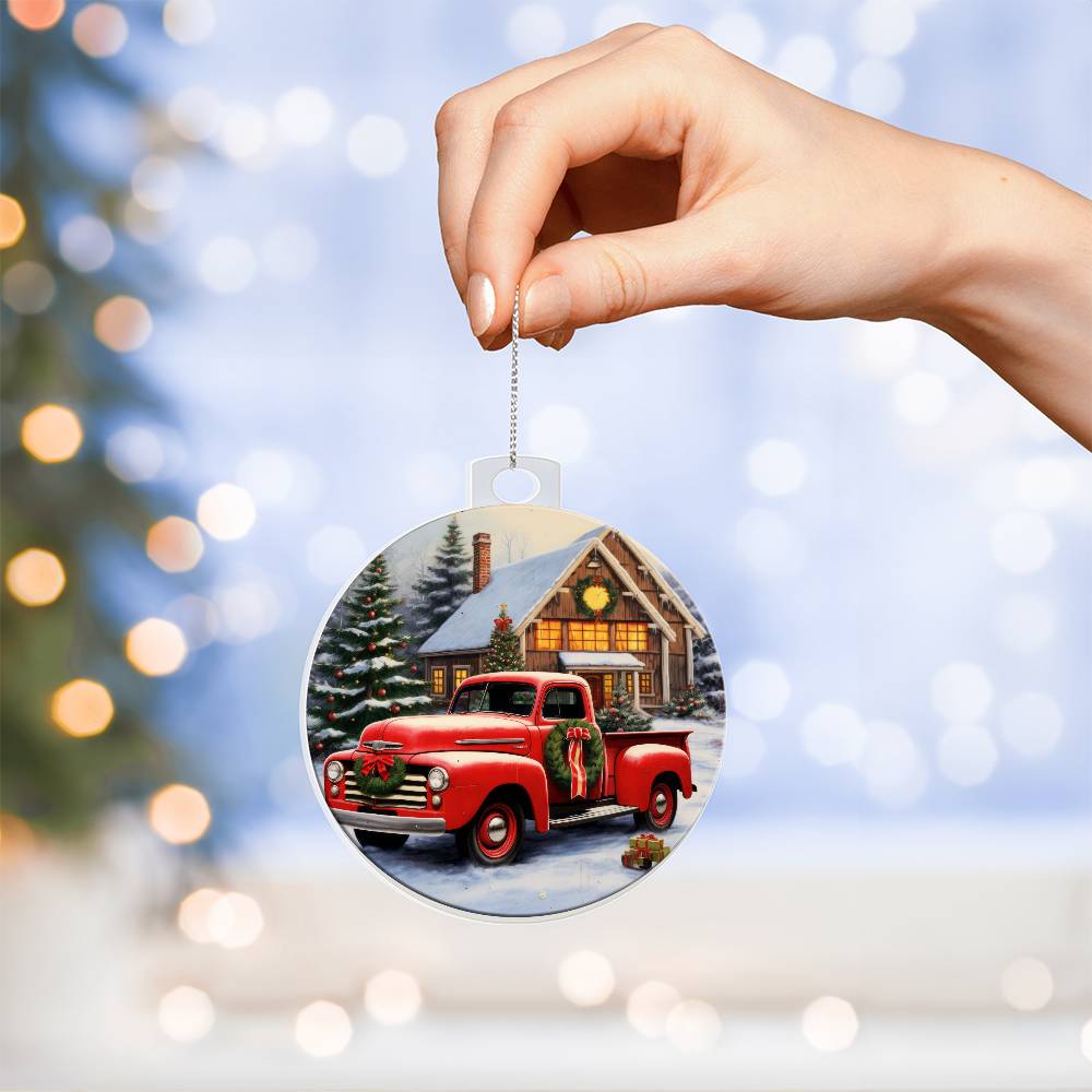 Red Pickup Truck Acrylic Christmas Ornament-[Heartfelt Family Gift]