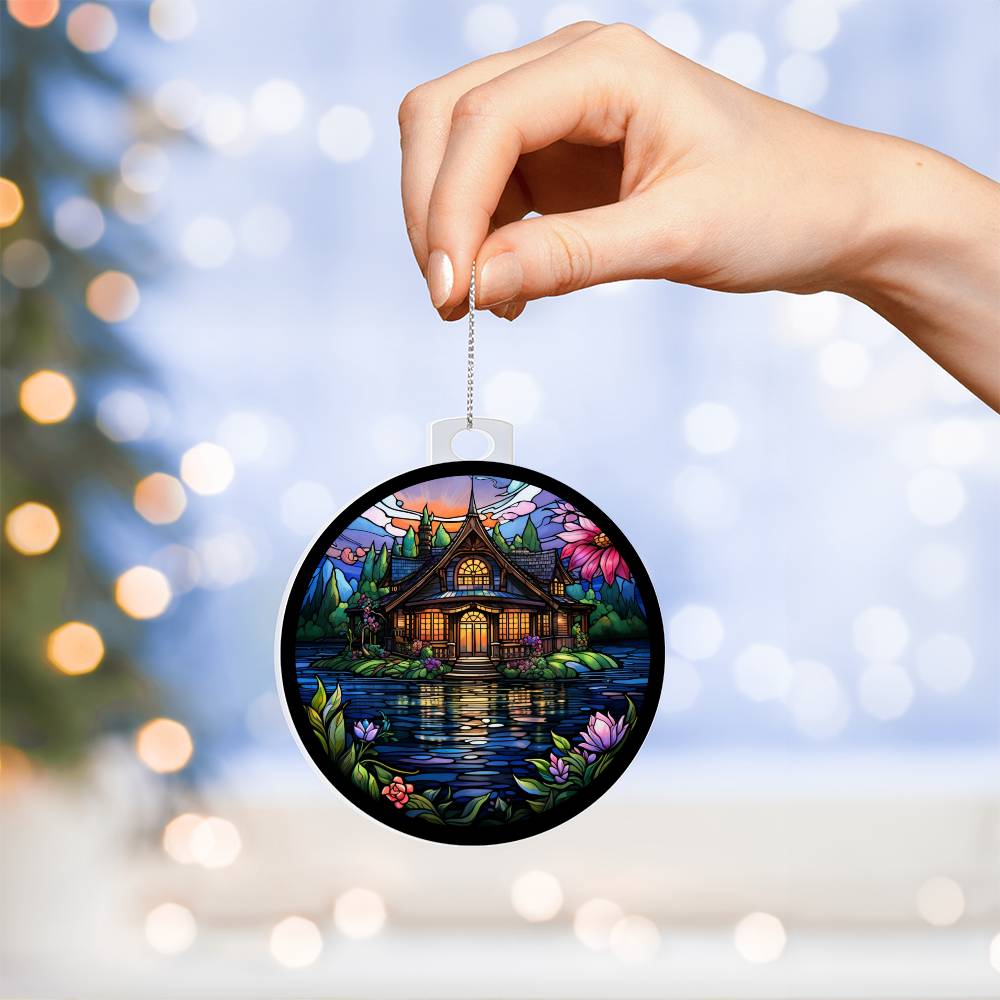 Stained Glass Lake House Christmas Ornament - Handcrafted Holiday Decor-[Heartfelt Family Gift]