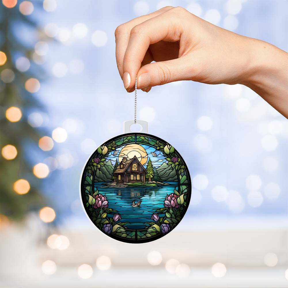 Stained Glass Lake House Christmas Ornament - Unique Holiday Decoration-[Heartfelt Family Gift]