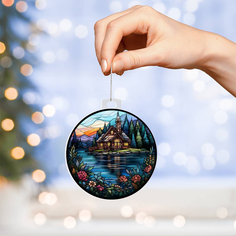 Stained Glass Lake House Christmas Ornament - Handcrafted Holiday Decor for Your Home-[Heartfelt Family Gift]