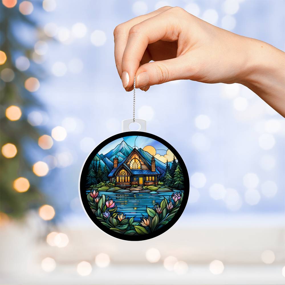 Stained Glass Lake House Christmas Ornament - Handcrafted Holiday Decor-[Heartfelt Family Gift]