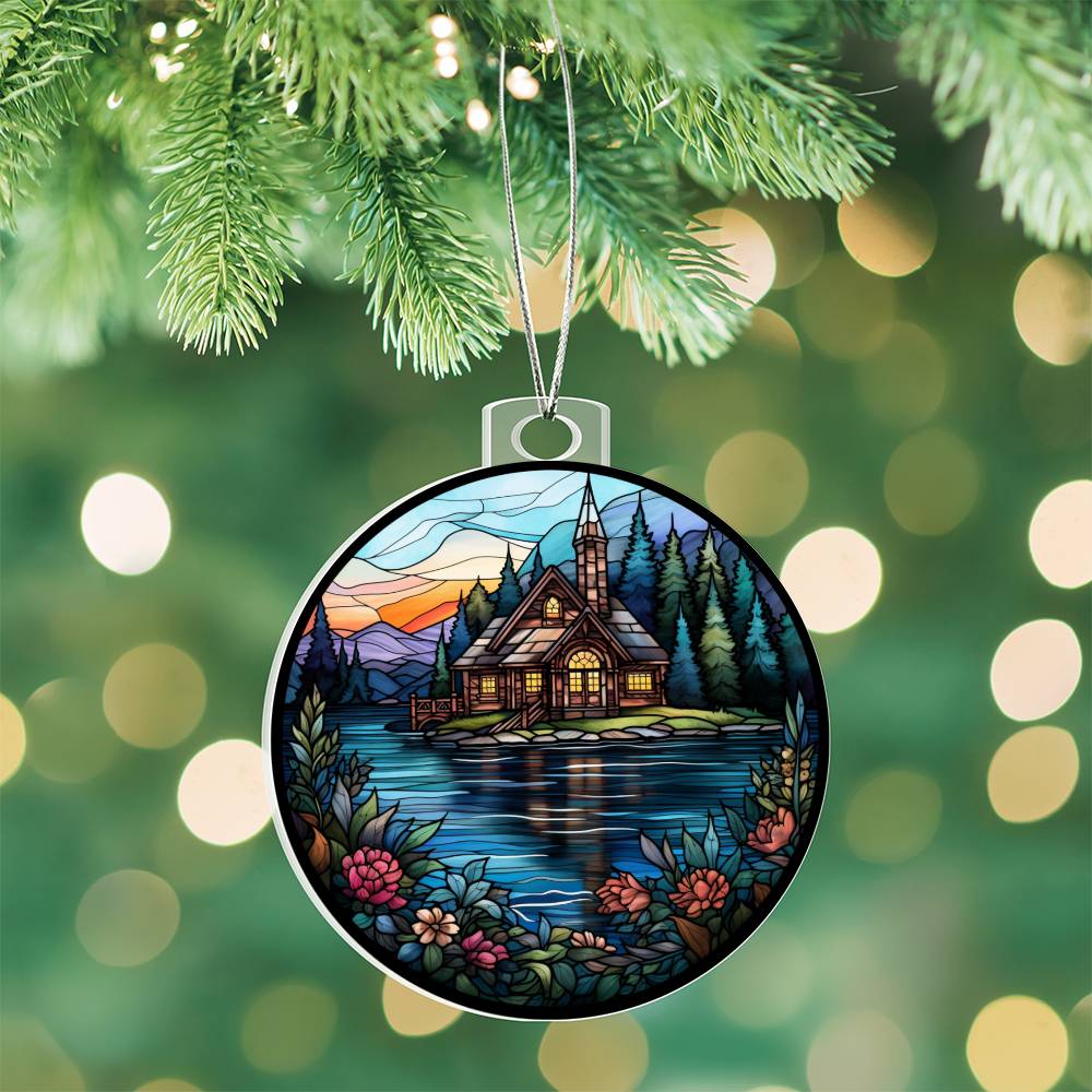 Stained Glass Lake House Christmas Ornament - Handcrafted Holiday Decor for Your Home-[Heartfelt Family Gift]