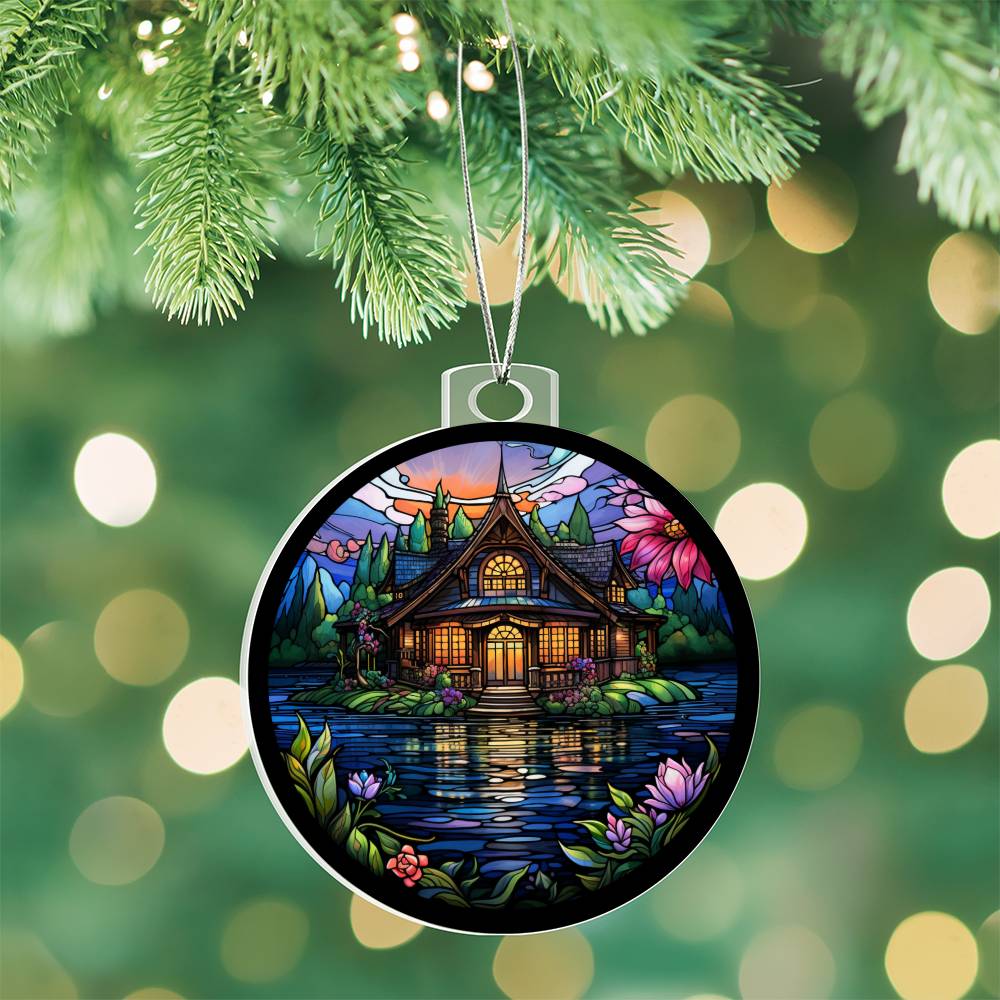 Stained Glass Lake House Christmas Ornament - Handcrafted Holiday Decor-[Heartfelt Family Gift]