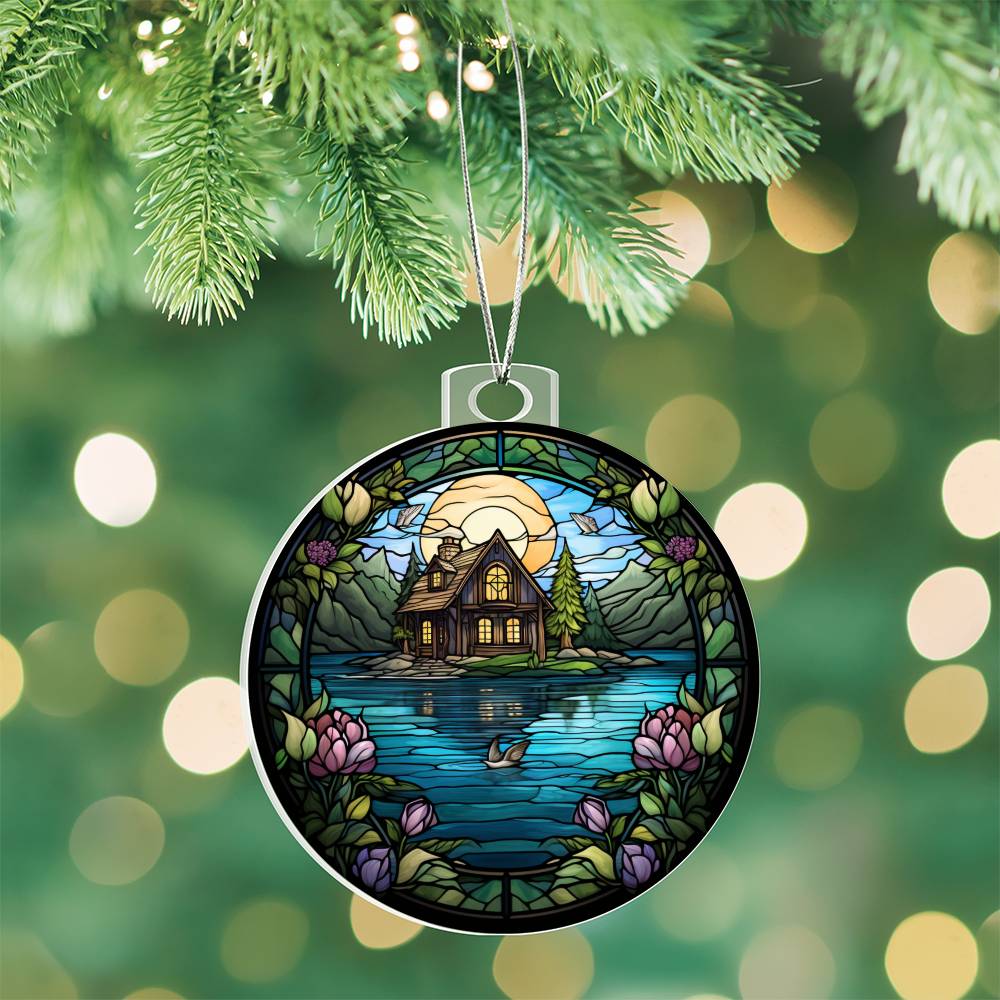 Stained Glass Lake House Christmas Ornament - Unique Holiday Decoration-[Heartfelt Family Gift]
