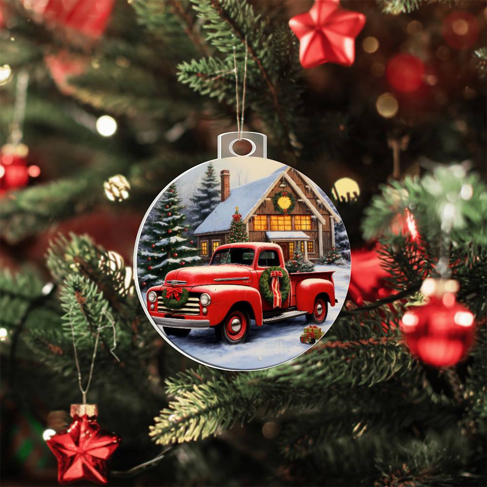 Red Pickup Truck Acrylic Christmas Ornament-[Heartfelt Family Gift]