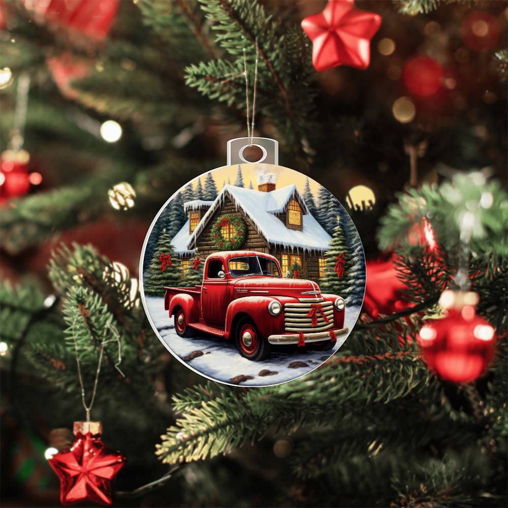 Red Pickup Truck Acrylic Christmas Ornament-[Heartfelt Family Gift]