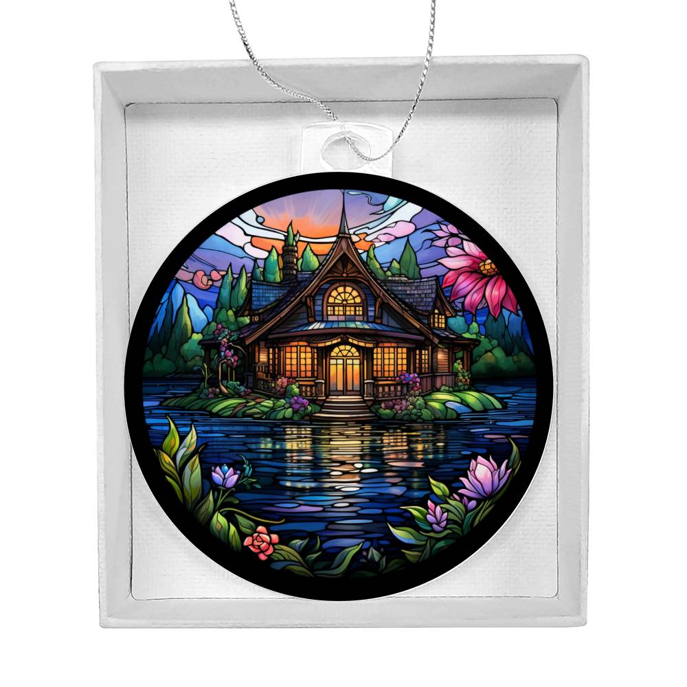 Stained Glass Lake House Christmas Ornament - Handcrafted Holiday Decor-[Heartfelt Family Gift]