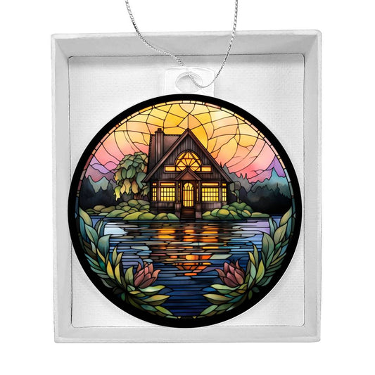 Stained Glass Lake House Ornament - Handcrafted Home Decor for Holidays  Gifts-[Heartfelt Family Gift]