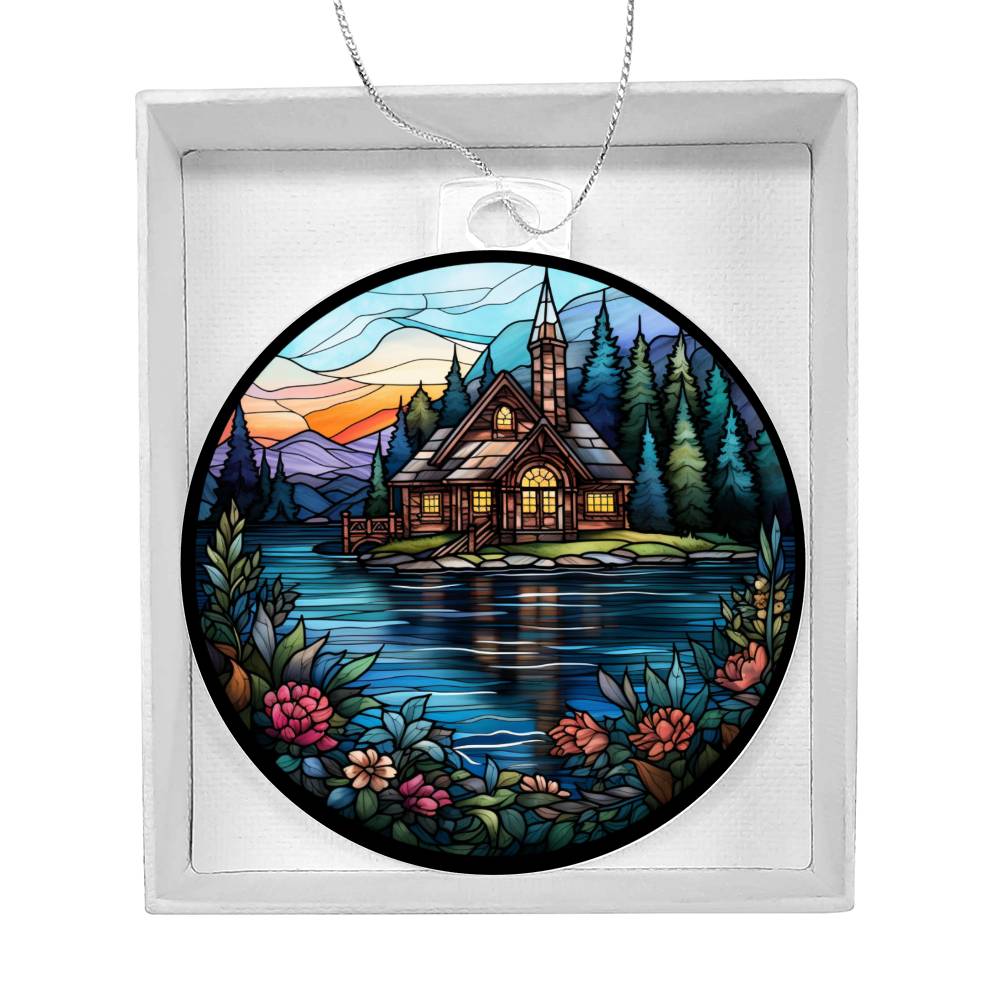 Stained Glass Lake House Christmas Ornament - Handcrafted Holiday Decor for Your Home-[Heartfelt Family Gift]