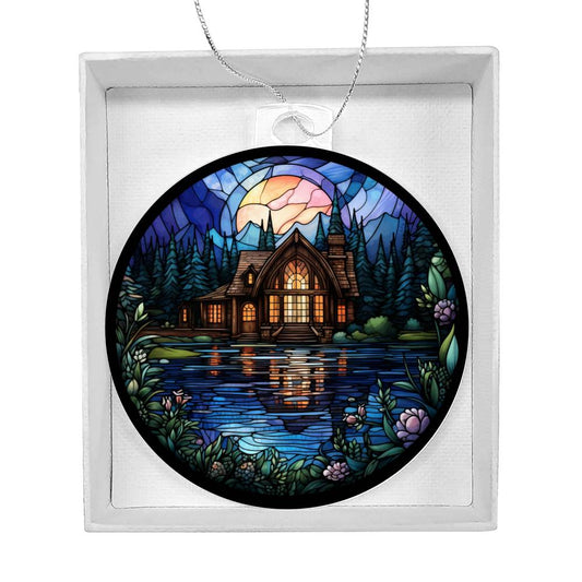 Stained Glass Lake House Christmas Ornament - Handmade Unique Holiday Decoration-[Heartfelt Family Gift]