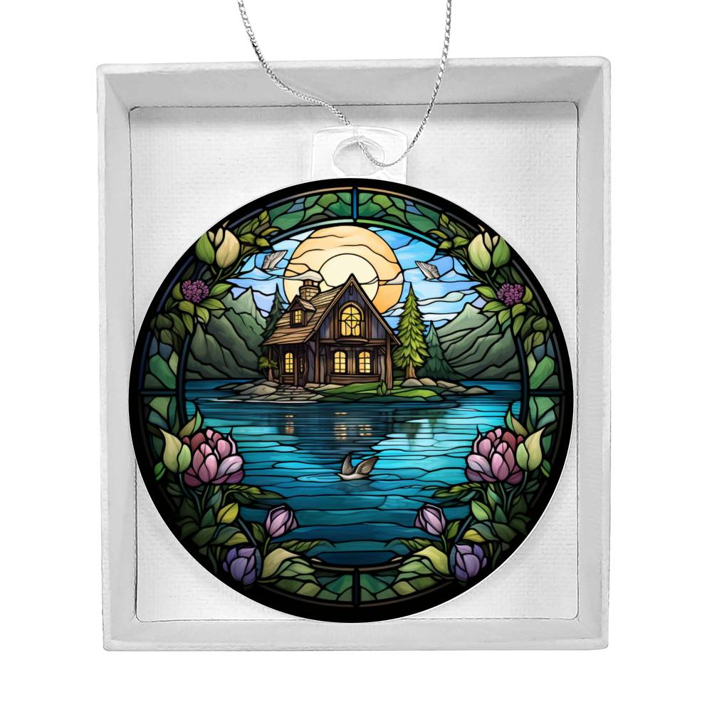 Stained Glass Lake House Christmas Ornament - Unique Holiday Decoration-[Heartfelt Family Gift]