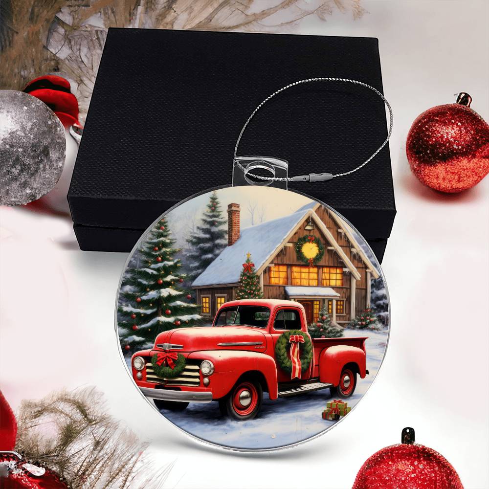 Red Pickup Truck Acrylic Christmas Ornament-[Heartfelt Family Gift]