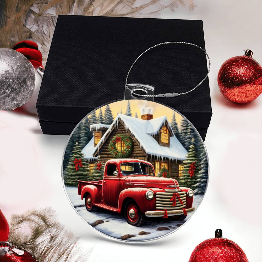 Red Pickup Truck Acrylic Christmas Ornament-[Heartfelt Family Gift]
