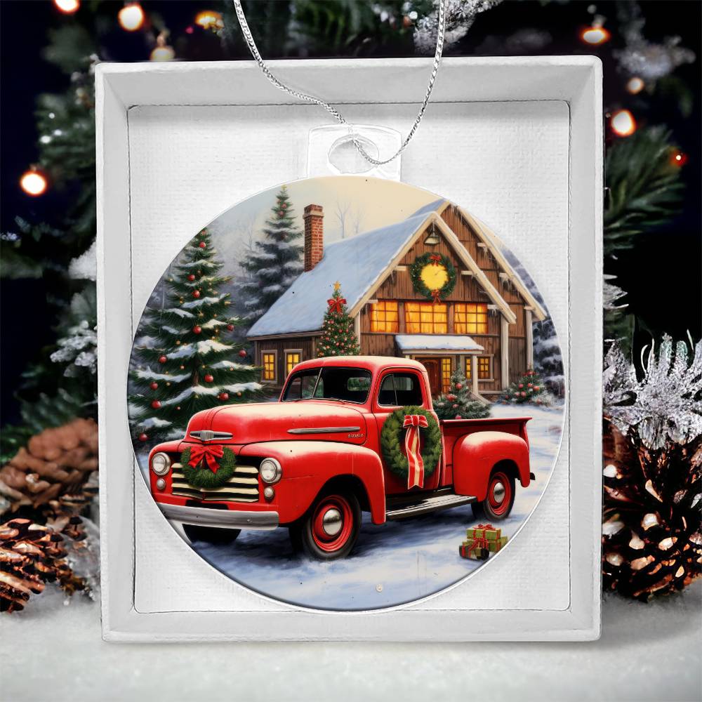 Red Pickup Truck Acrylic Christmas Ornament-[Heartfelt Family Gift]