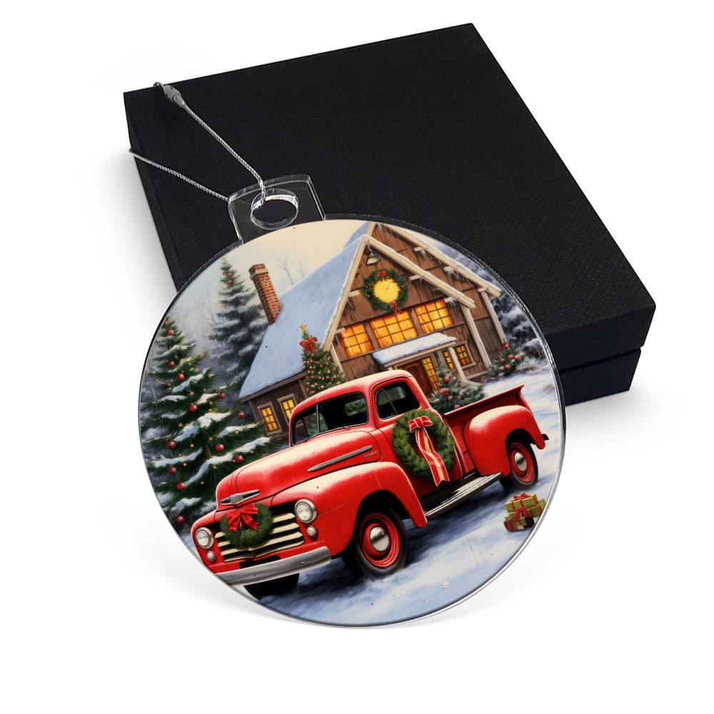 Red Pickup Truck Acrylic Christmas Ornament-[Heartfelt Family Gift]