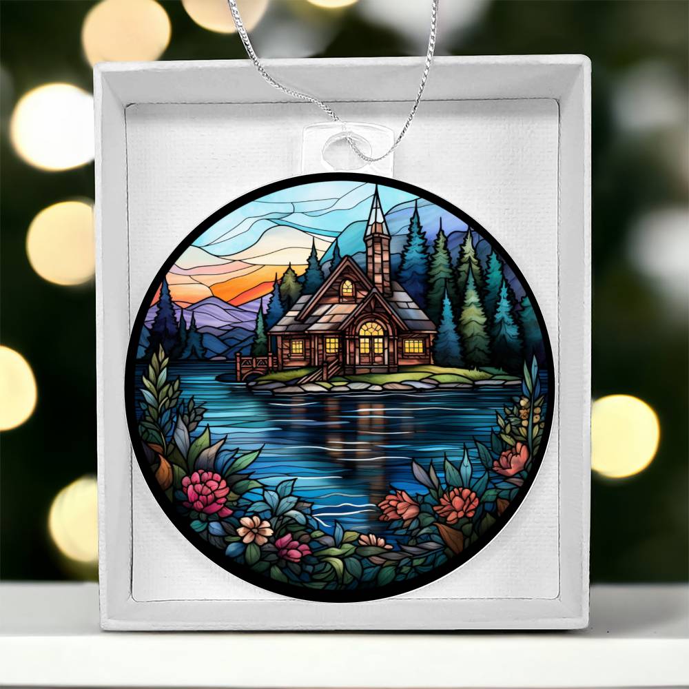 Stained Glass Lake House Christmas Ornament - Handcrafted Holiday Decor for Your Home-[Heartfelt Family Gift]