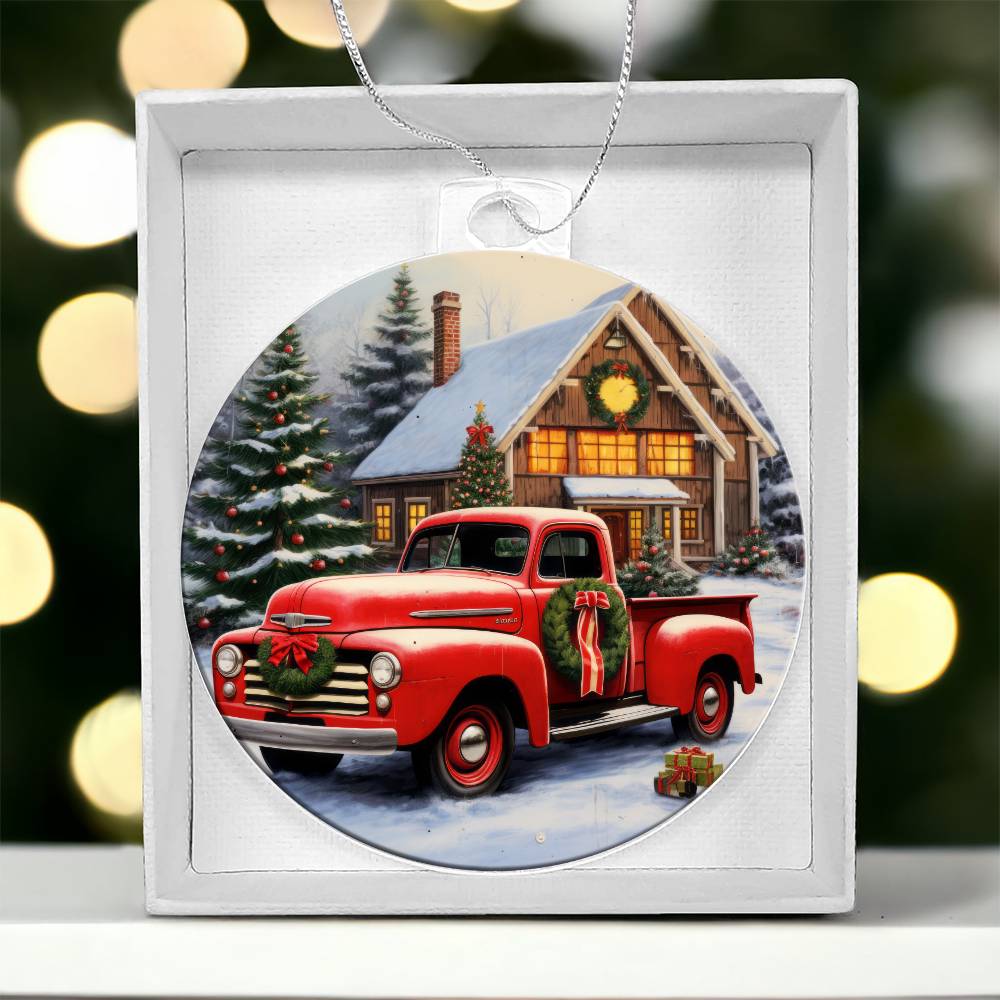 Red Pickup Truck Acrylic Christmas Ornament-[Heartfelt Family Gift]