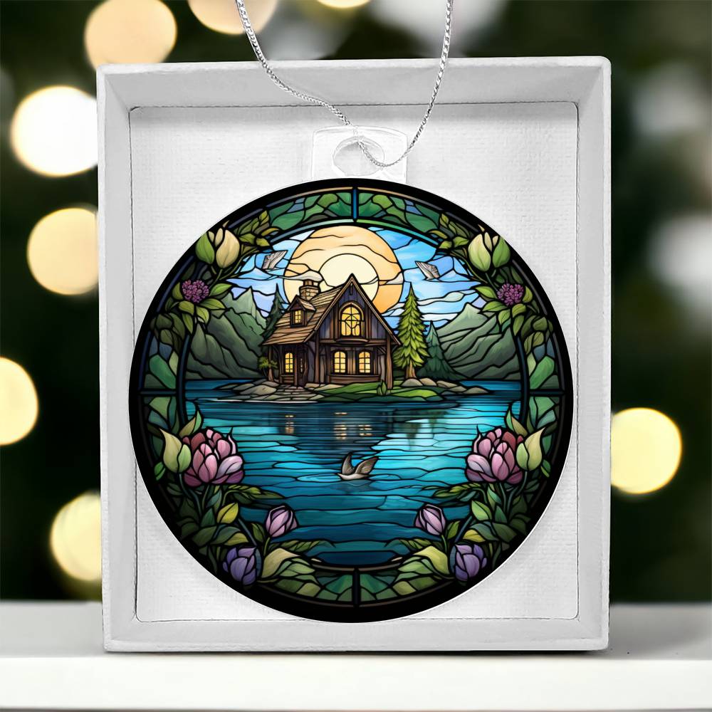 Stained Glass Lake House Christmas Ornament - Unique Holiday Decoration-[Heartfelt Family Gift]