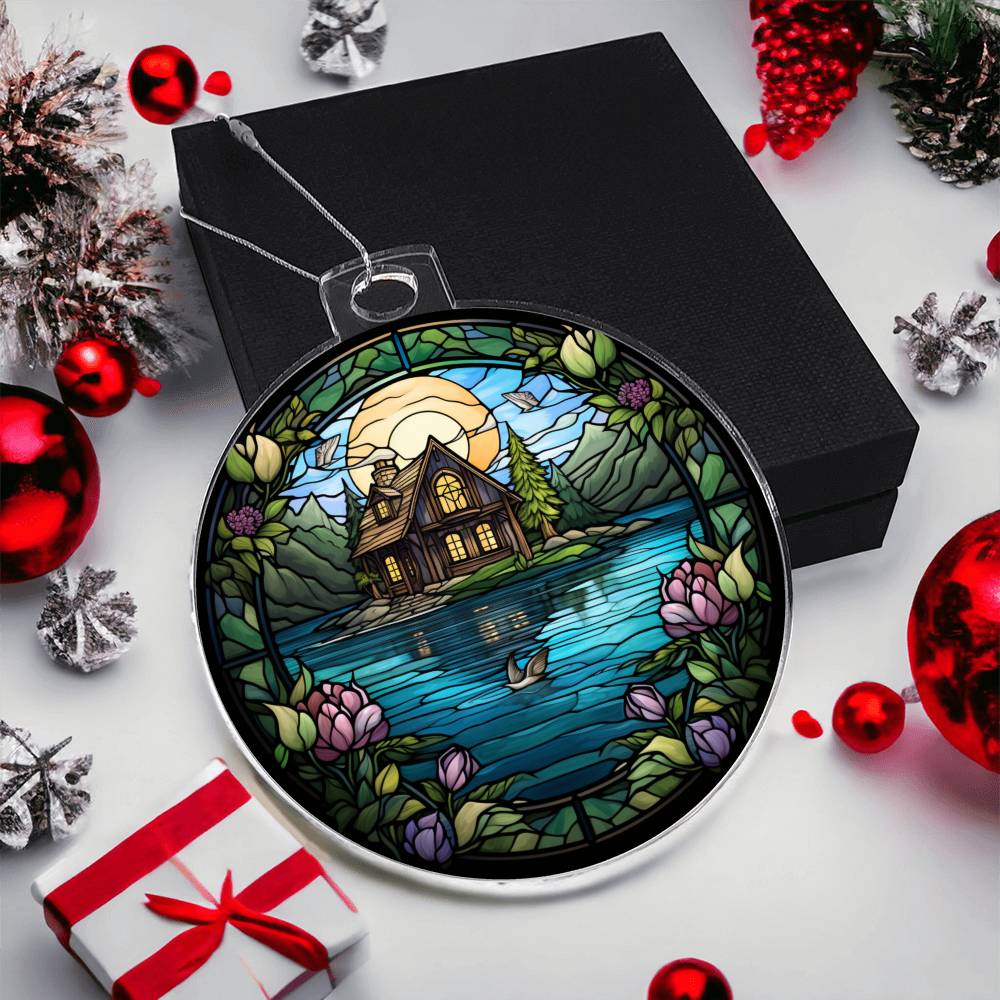 Stained Glass Lake House Christmas Ornament - Unique Holiday Decoration-[Heartfelt Family Gift]