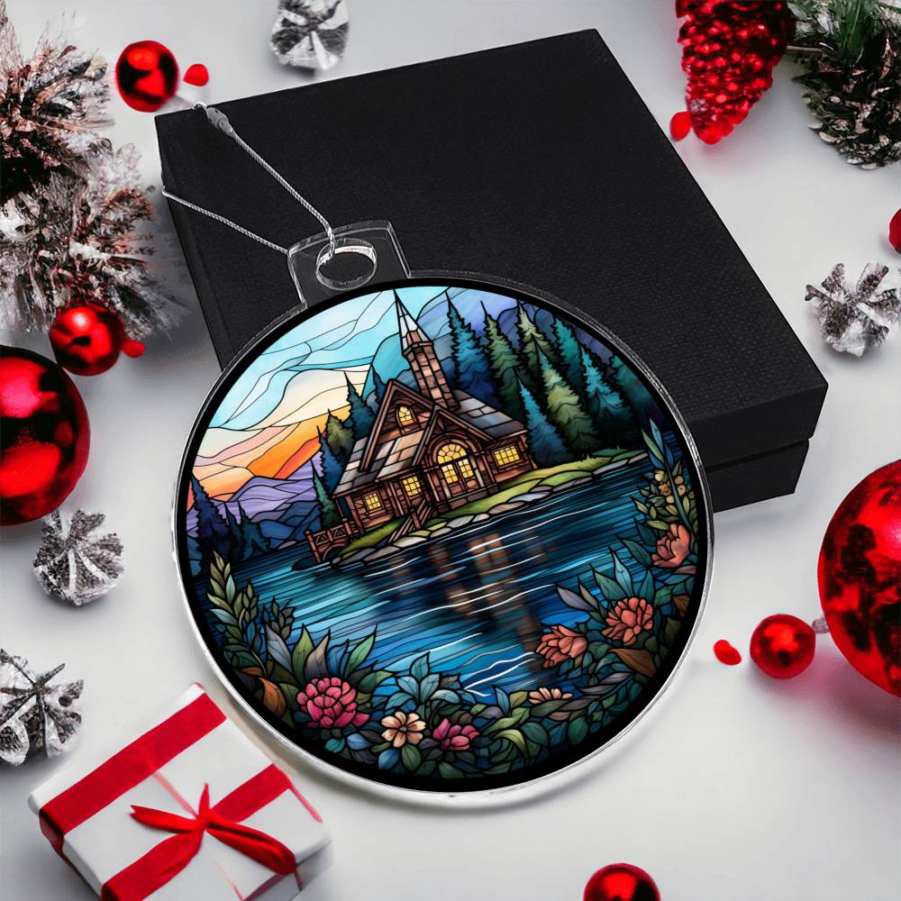 Stained Glass Lake House Christmas Ornament - Handcrafted Holiday Decor for Your Home-[Heartfelt Family Gift]