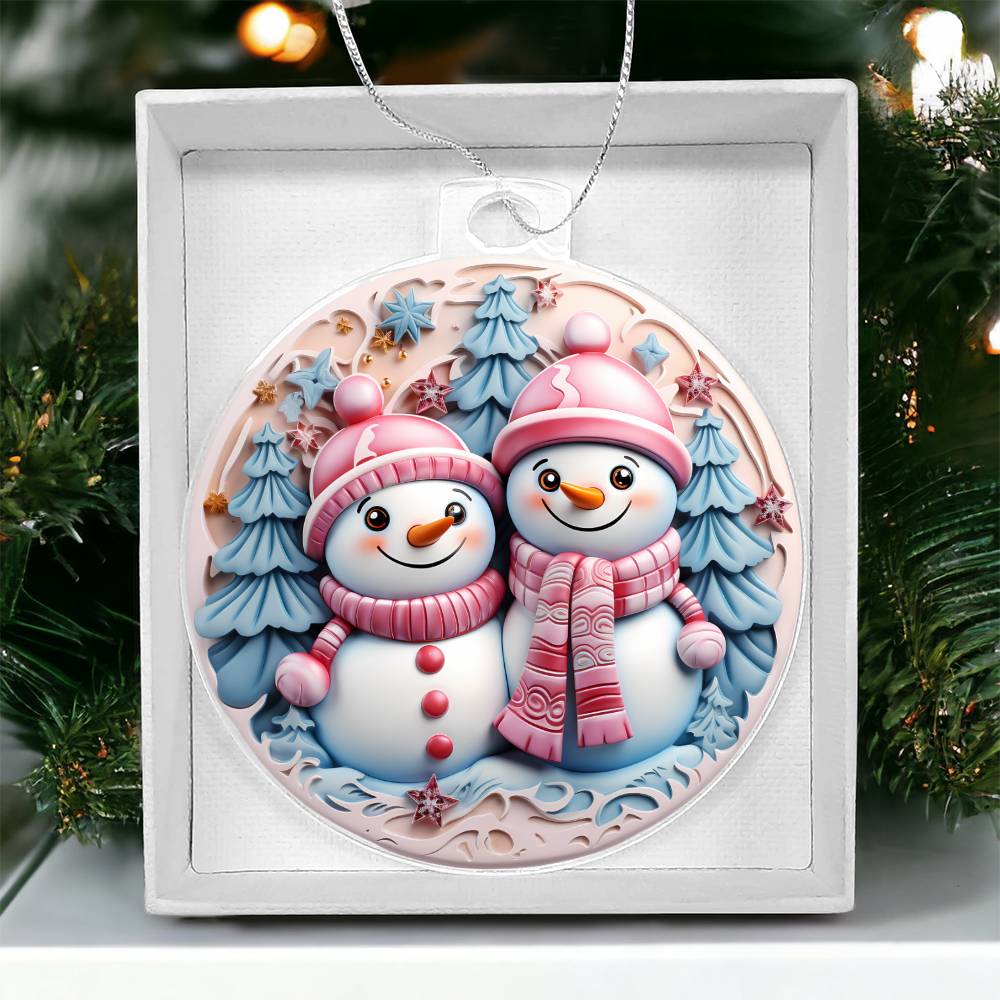 Christmas Ornament - Pastel Pin and Blue Snowmen Acrylic-[Heartfelt Family Gift]