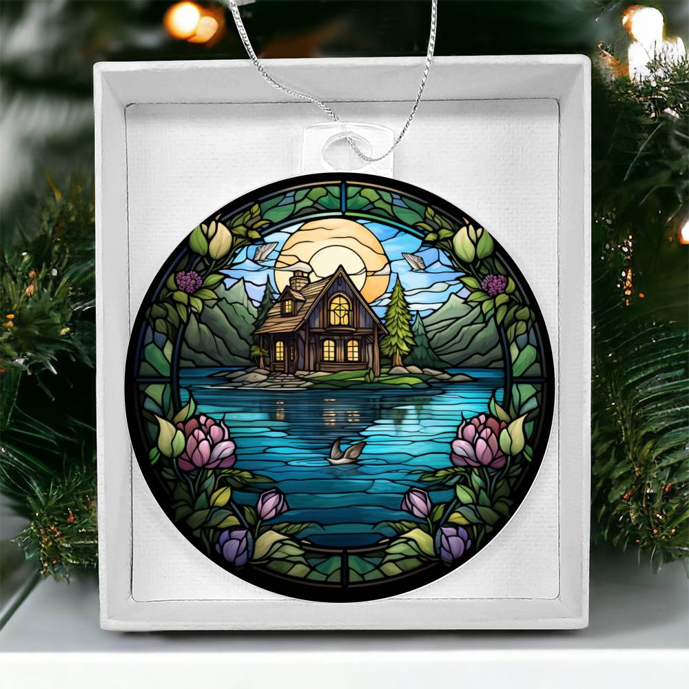 Stained Glass Lake House Christmas Ornament - Unique Holiday Decoration-[Heartfelt Family Gift]