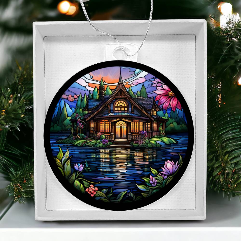 Stained Glass Lake House Christmas Ornament - Handcrafted Holiday Decor-[Heartfelt Family Gift]