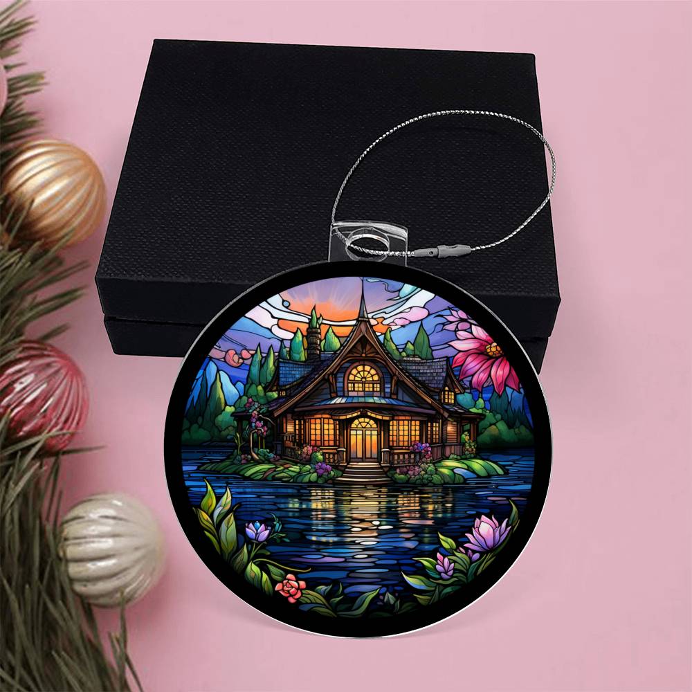 Stained Glass Lake House Christmas Ornament - Handcrafted Holiday Decor-[Heartfelt Family Gift]