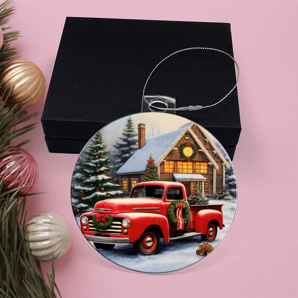 Red Pickup Truck Acrylic Christmas Ornament-[Heartfelt Family Gift]