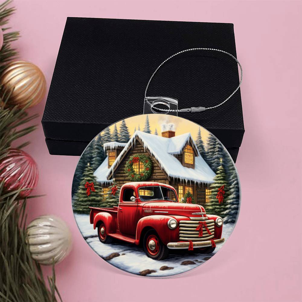 Red Pickup Truck Acrylic Christmas Ornament-[Heartfelt Family Gift]