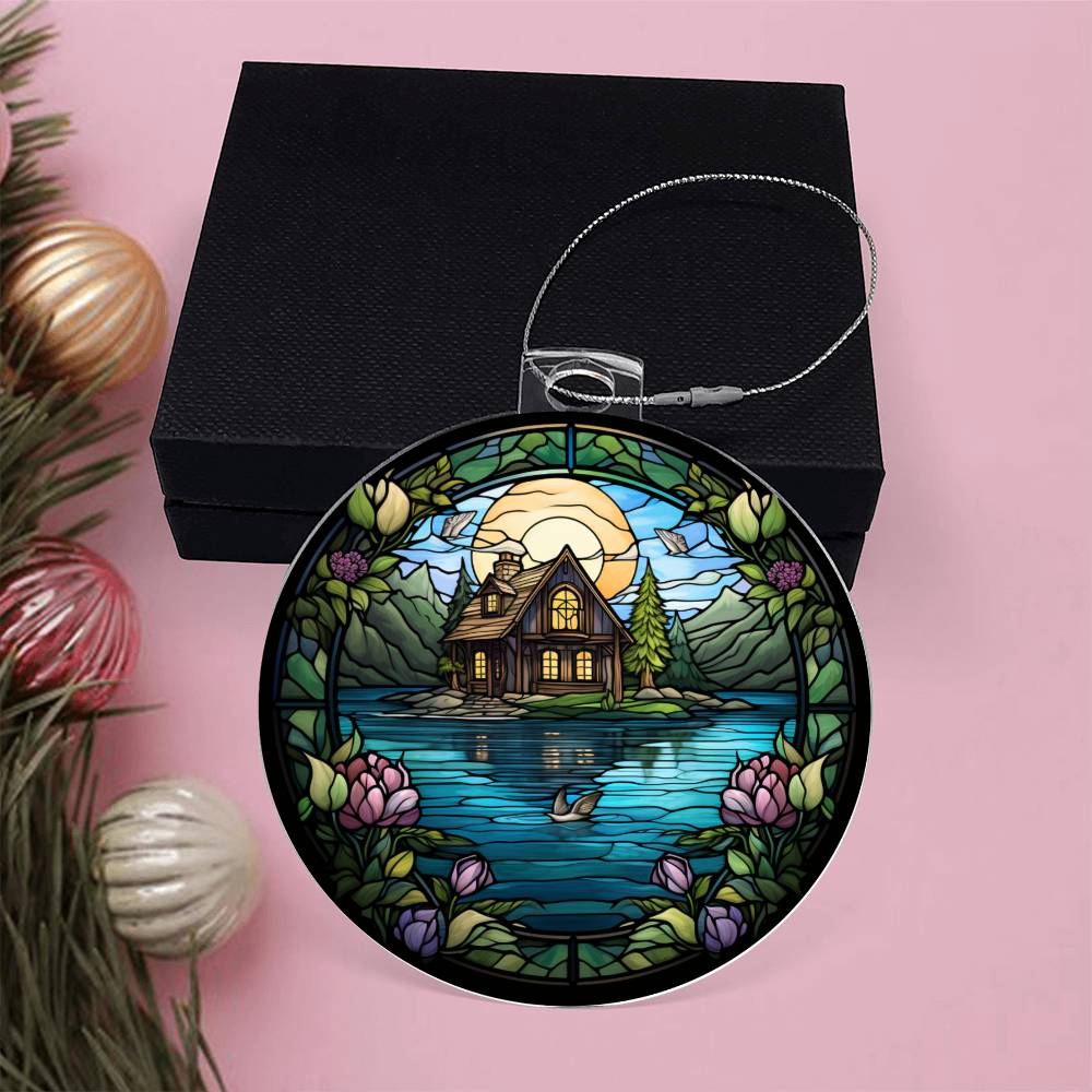 Stained Glass Lake House Christmas Ornament - Unique Holiday Decoration-[Heartfelt Family Gift]