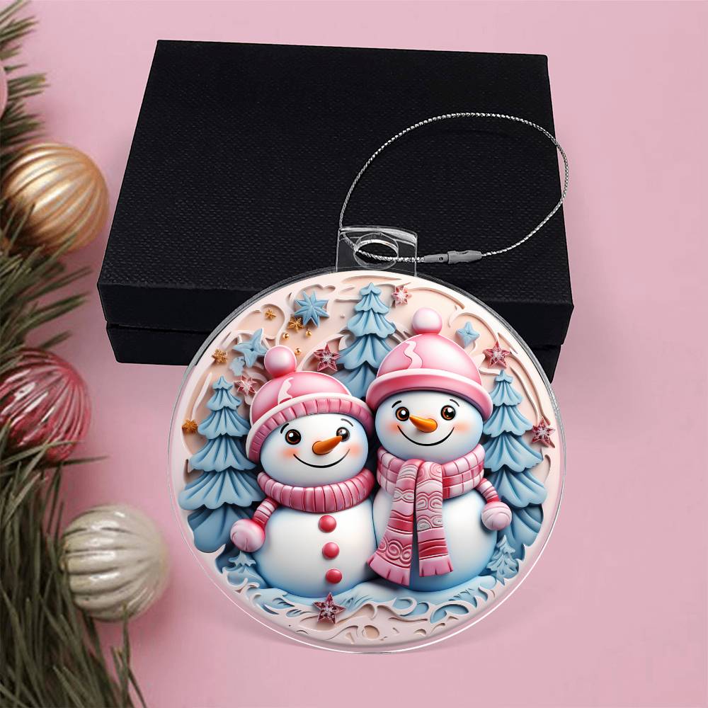 Christmas Ornament - Pastel Pin and Blue Snowmen Acrylic-[Heartfelt Family Gift]