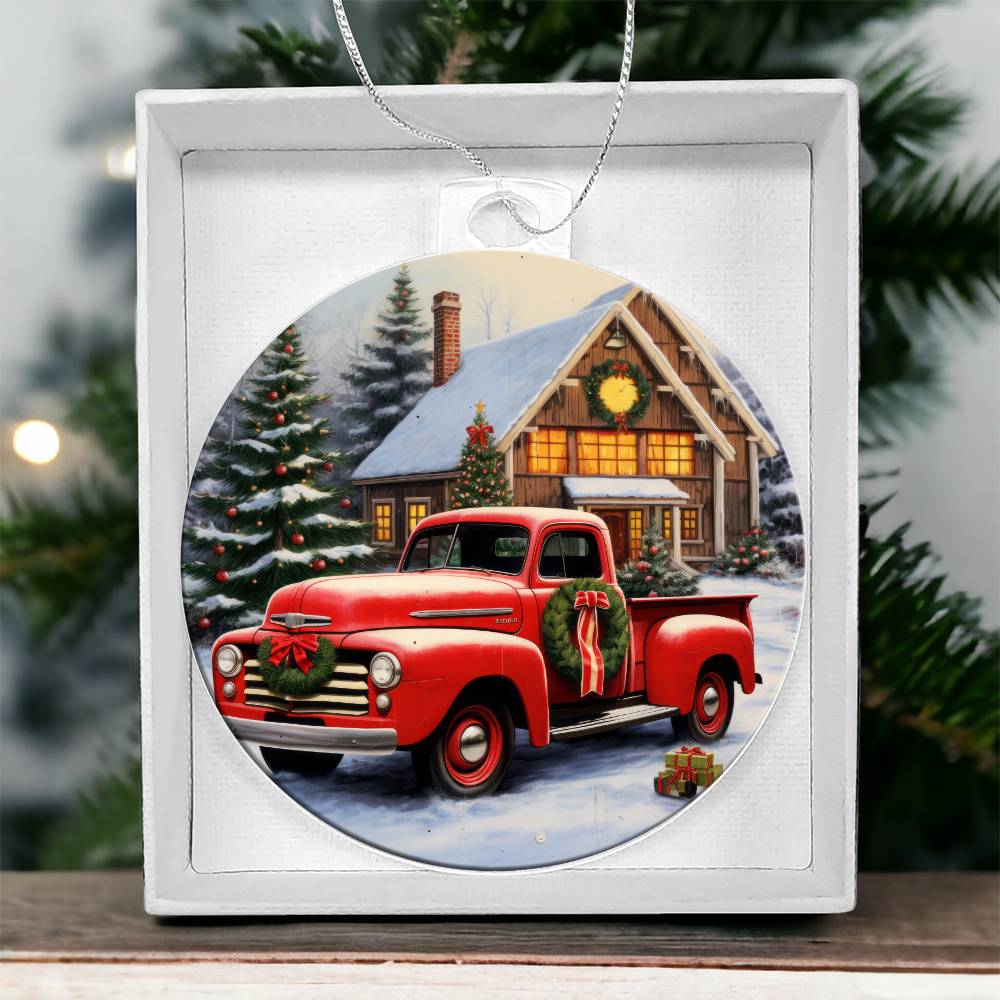Red Pickup Truck Acrylic Christmas Ornament-[Heartfelt Family Gift]