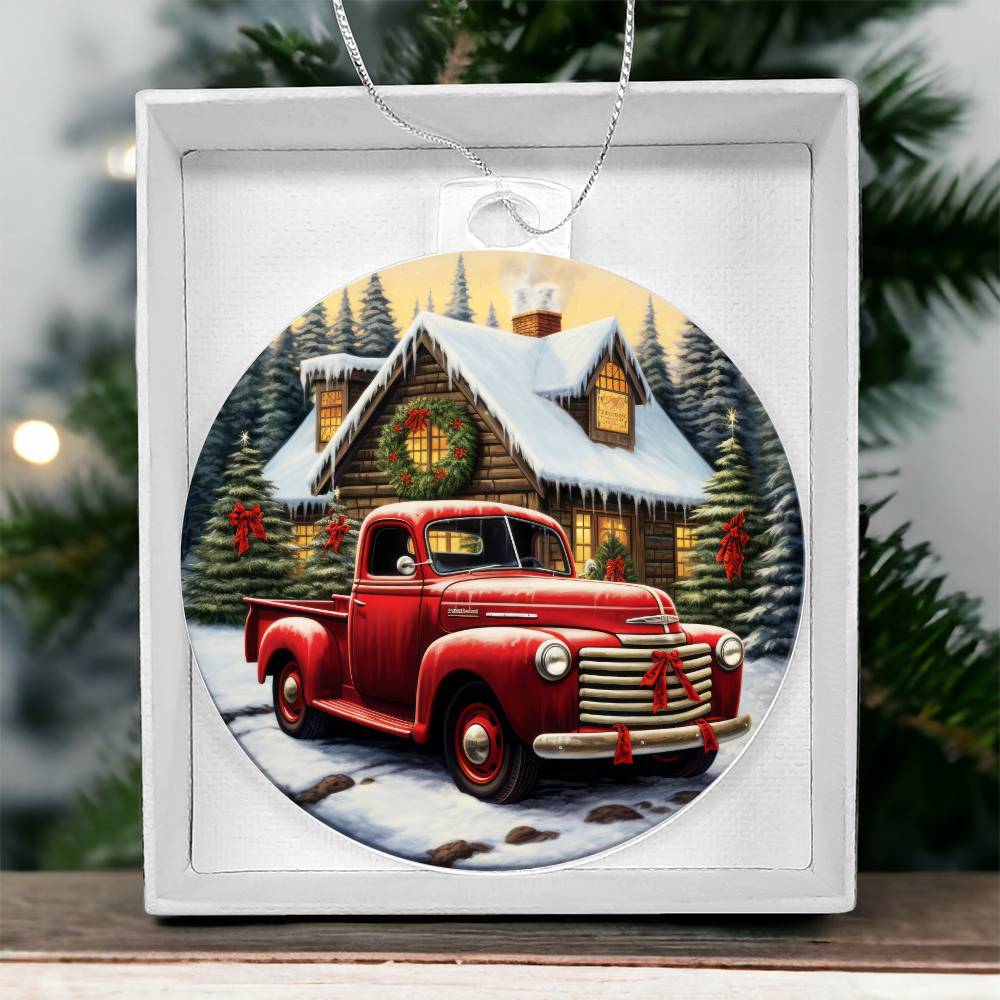 Red Pickup Truck Acrylic Christmas Ornament-[Heartfelt Family Gift]