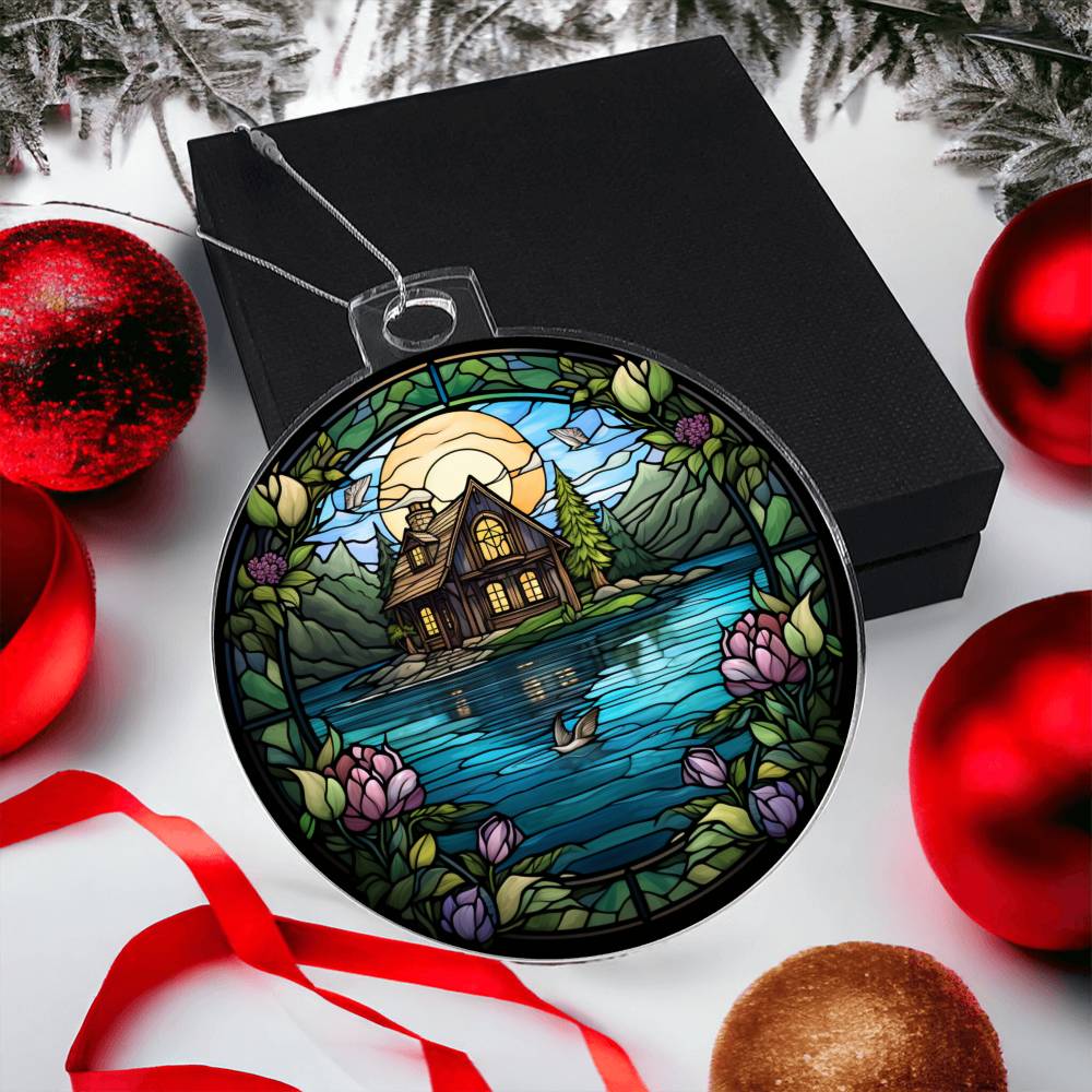 Stained Glass Lake House Christmas Ornament - Unique Holiday Decoration-[Heartfelt Family Gift]
