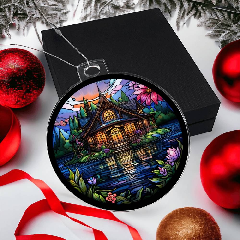 Stained Glass Lake House Christmas Ornament - Handcrafted Holiday Decor-[Heartfelt Family Gift]