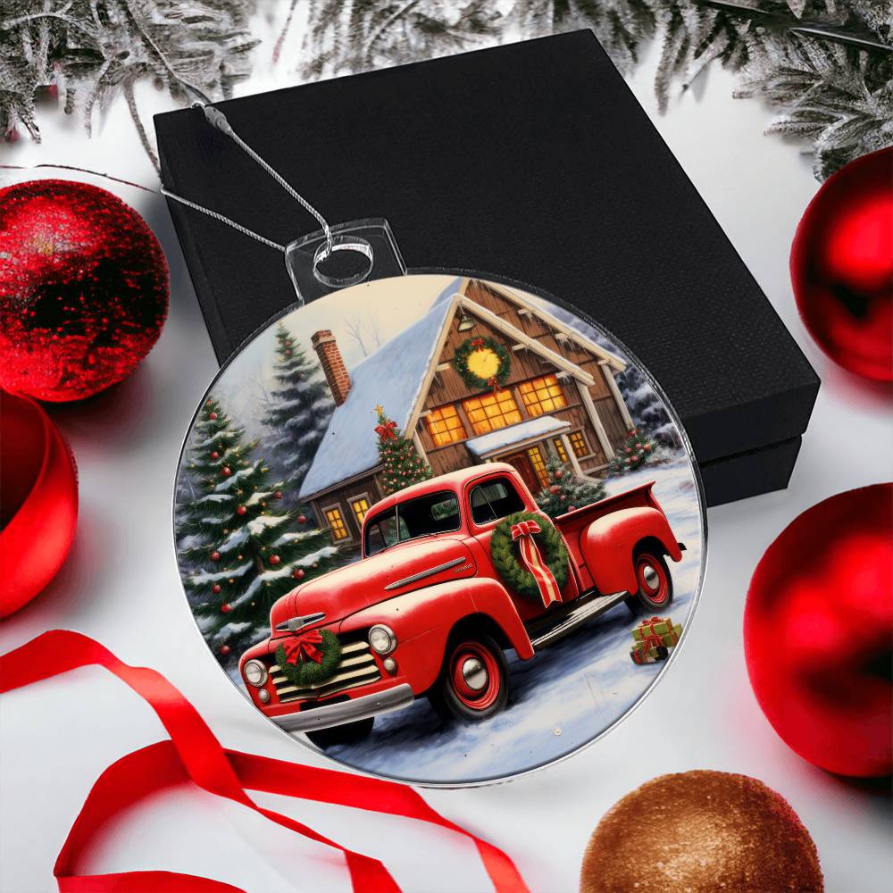 Red Pickup Truck Acrylic Christmas Ornament-[Heartfelt Family Gift]